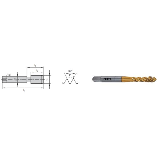 Picture of LMT Fette 1400453 M10-1.50mm Cut Spiral Flute Mod Bottom 2.0P-3.0P HSSE-Powder Metal TiCN +